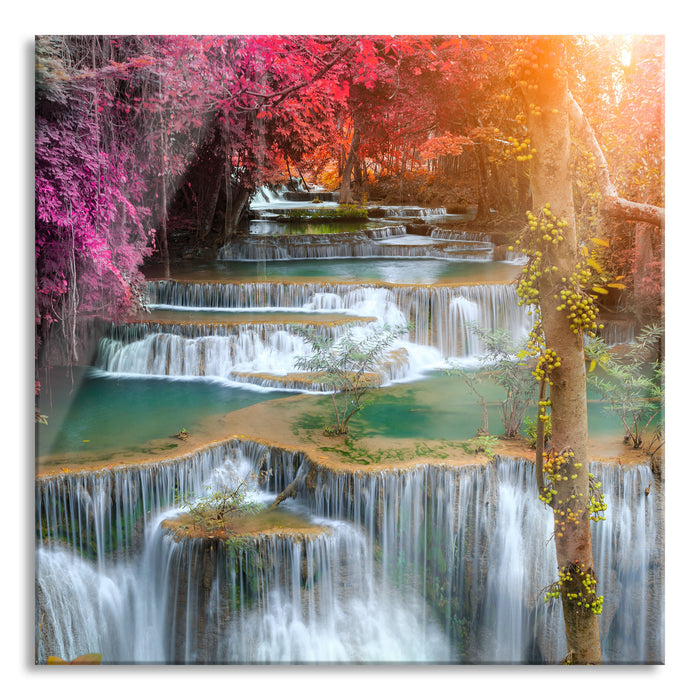 Wasserfall im Regenwald, Glasbild Quadratisch