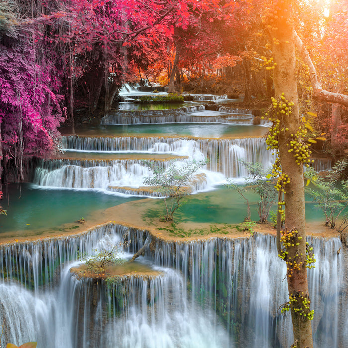 Wasserfall im Regenwald, Glasbild Quadratisch