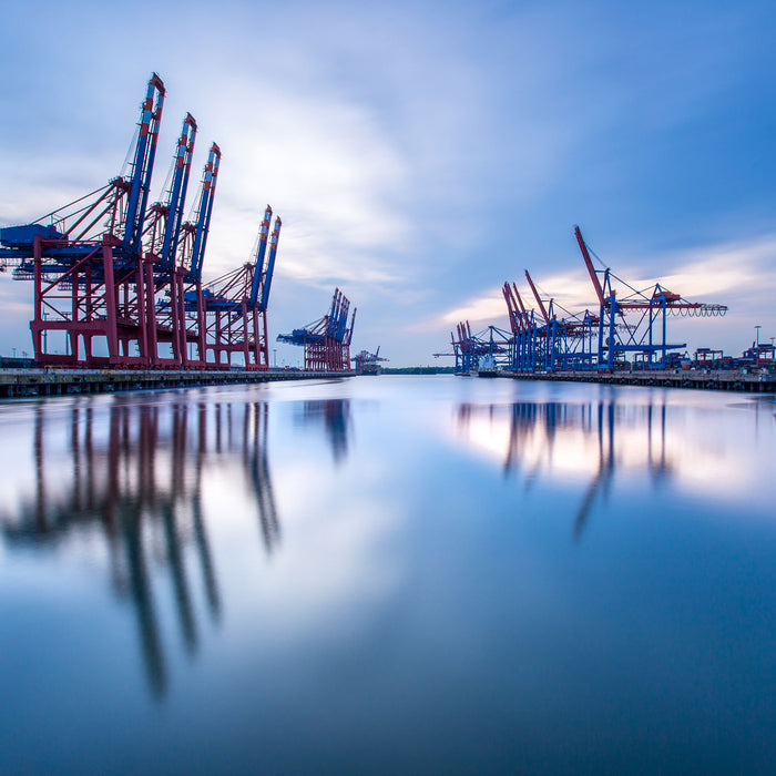 Hafen im Abendschein, Glasbild Quadratisch