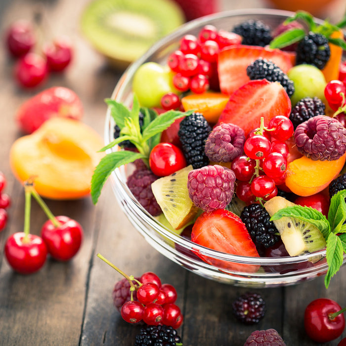 Obstsalat in der Schüssel, Glasbild Quadratisch