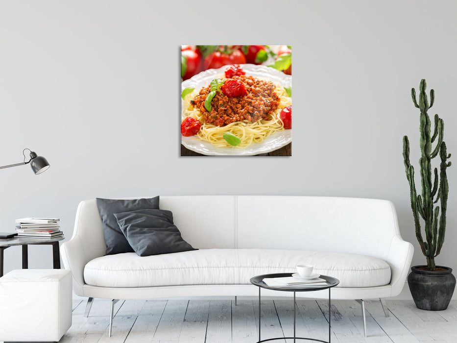 Spaghetti Bolognese auf dem Teller, Glasbild Quadratisch