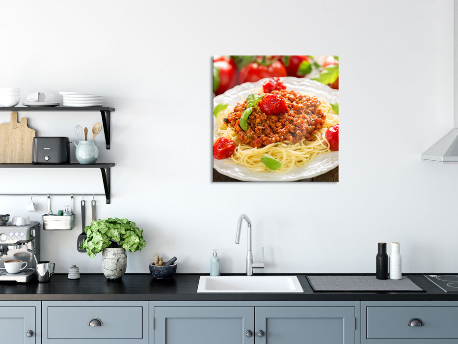 Spaghetti Bolognese auf dem Teller, Glasbild Quadratisch