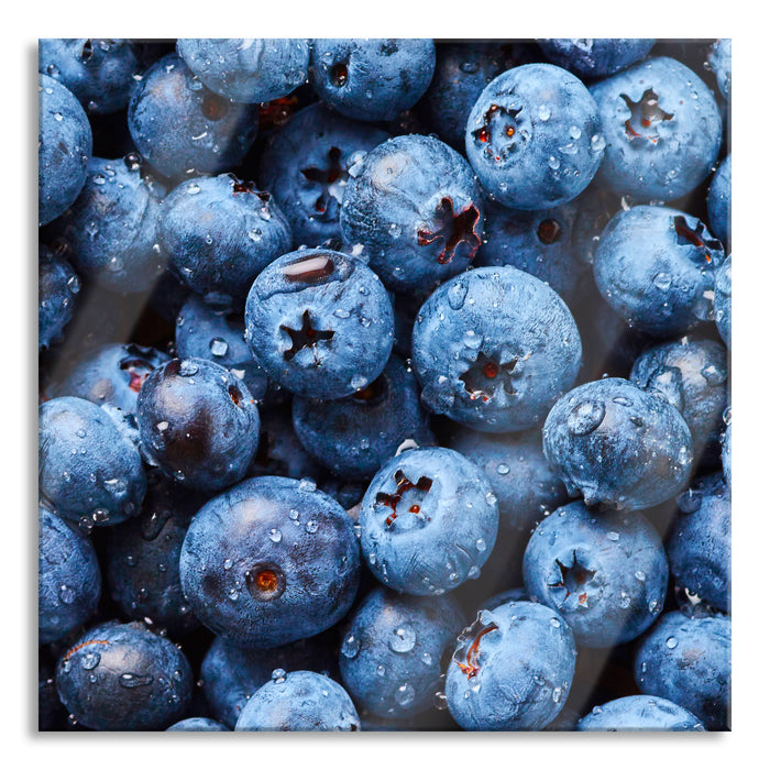 Blaubeeren mit Wassertropfen, Glasbild Quadratisch