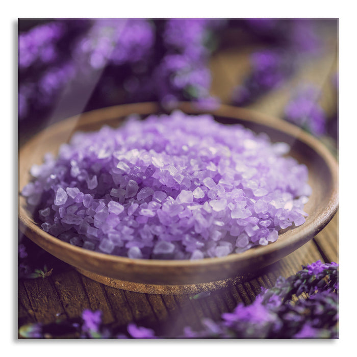 Pixxprint Badesalz auf Holzuntergrund, Glasbild Quadratisch