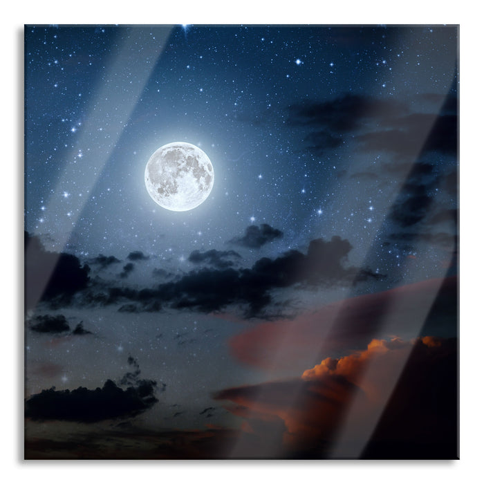 Pixxprint Leuchtender Mond am Nachthimmel, Glasbild Quadratisch