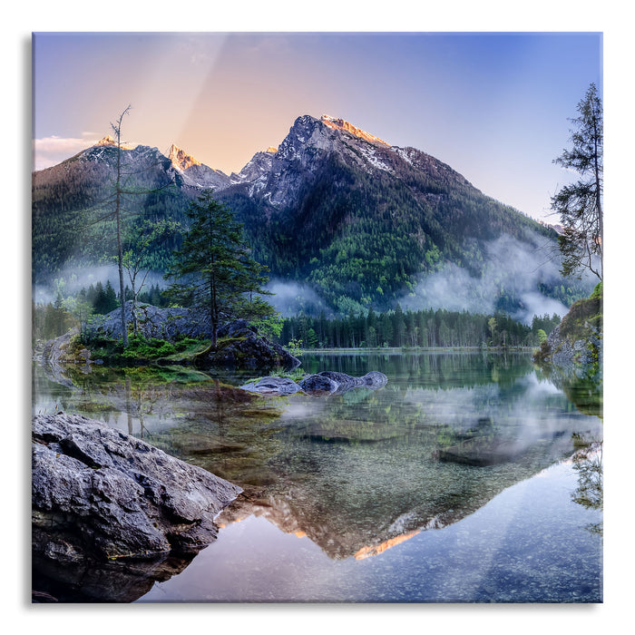 Sonnenaufgang am Hintersee, Glasbild Quadratisch