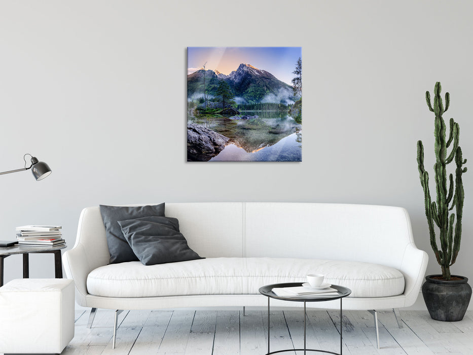 Sonnenaufgang am Hintersee, Glasbild Quadratisch