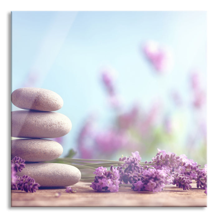 Lavendel Spa-Stillleben, Glasbild Quadratisch