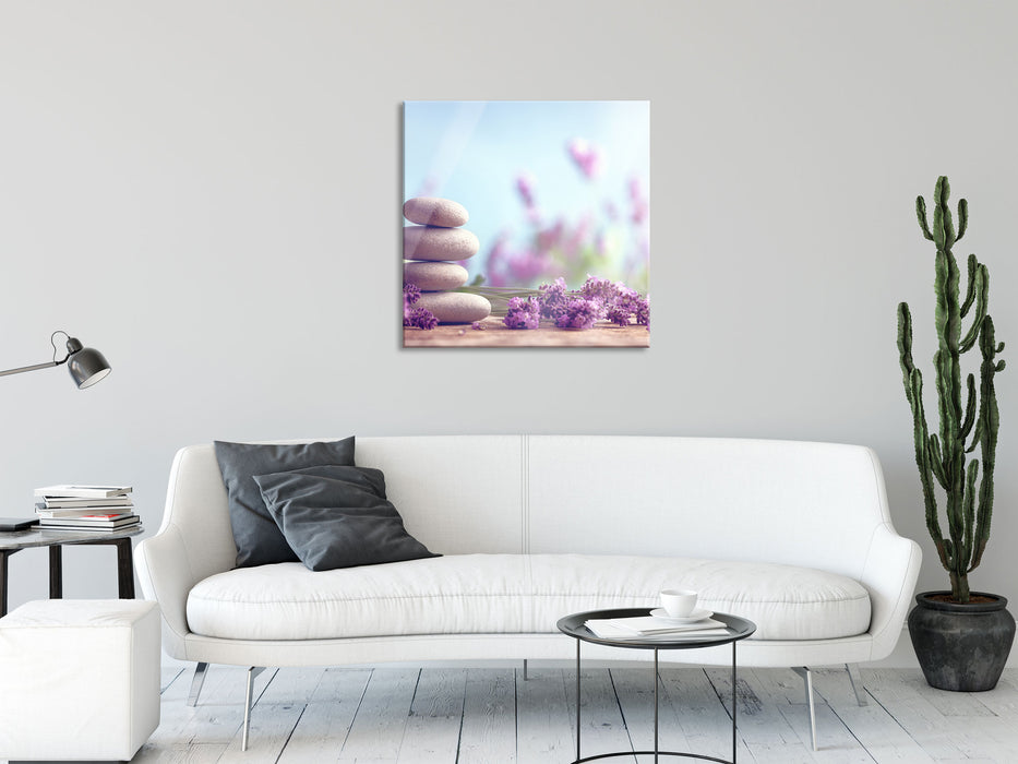 Lavendel Spa-Stillleben, Glasbild Quadratisch