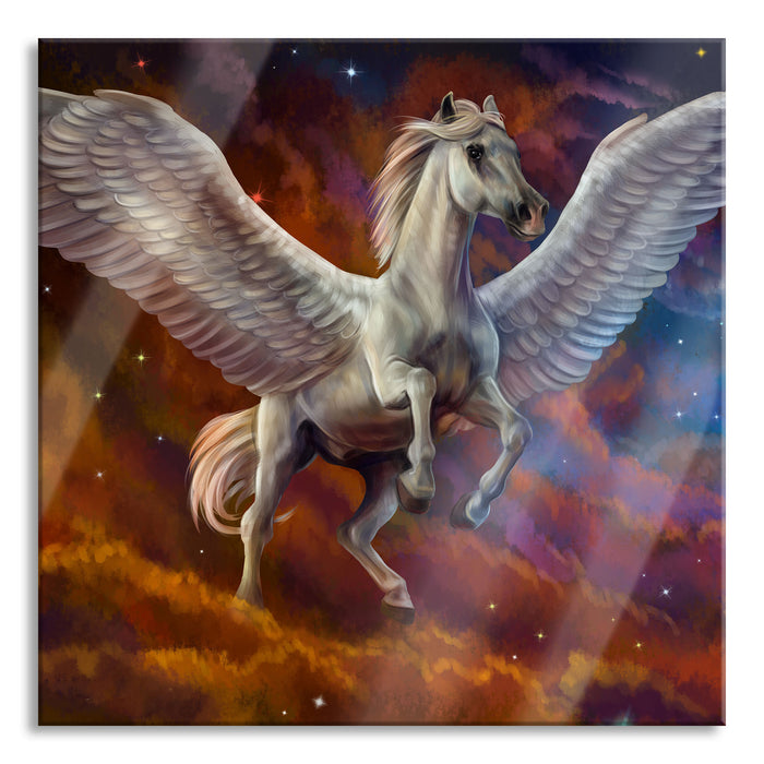 Weißer Pegasus mit Engelsflügel, Glasbild Quadratisch