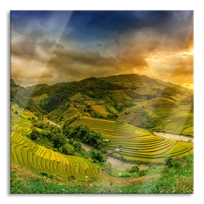 Pixxprint eine Berg Farm in Asien, Glasbild Quadratisch