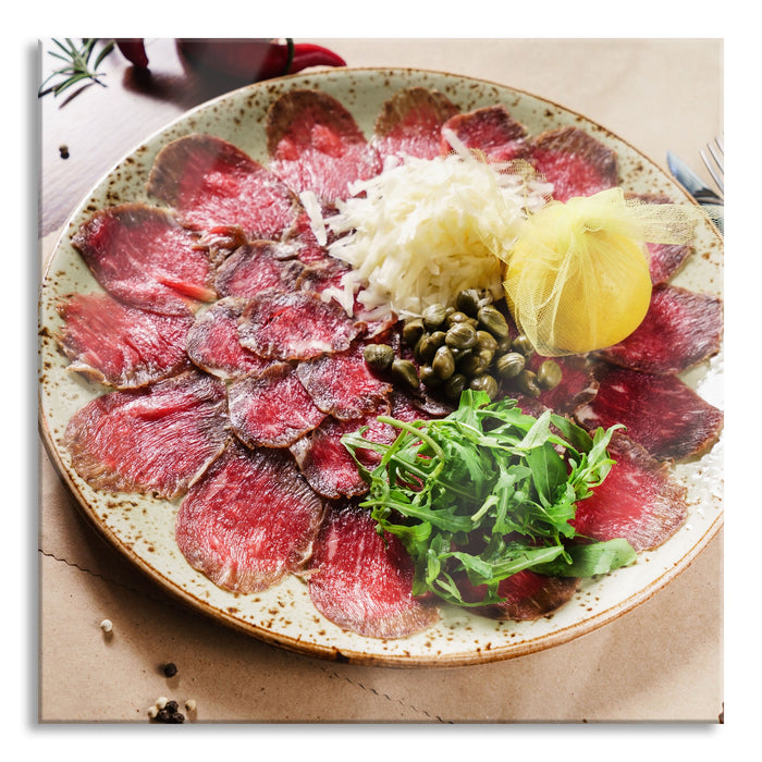 appetitliches Carpaccio, Glasbild Quadratisch