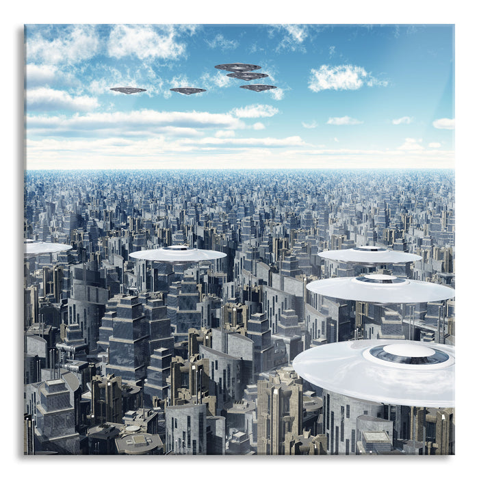 Pixxprint Ufo´s über der Stadt, Glasbild Quadratisch