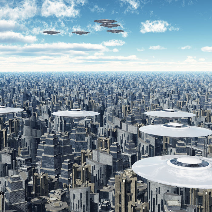 Ufo´s über der Stadt, Glasbild Quadratisch