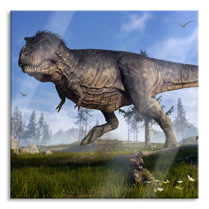 Pixxprint T-Rex Dinosaurier in der Natur, Glasbild Quadratisch