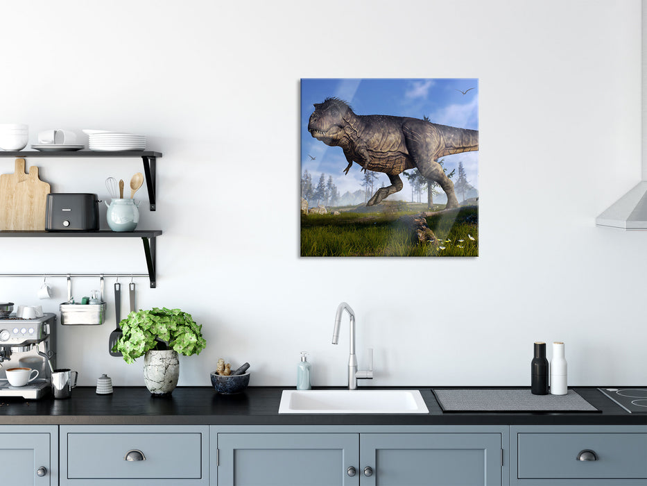 T-Rex Dinosaurier in der Natur, Glasbild Quadratisch