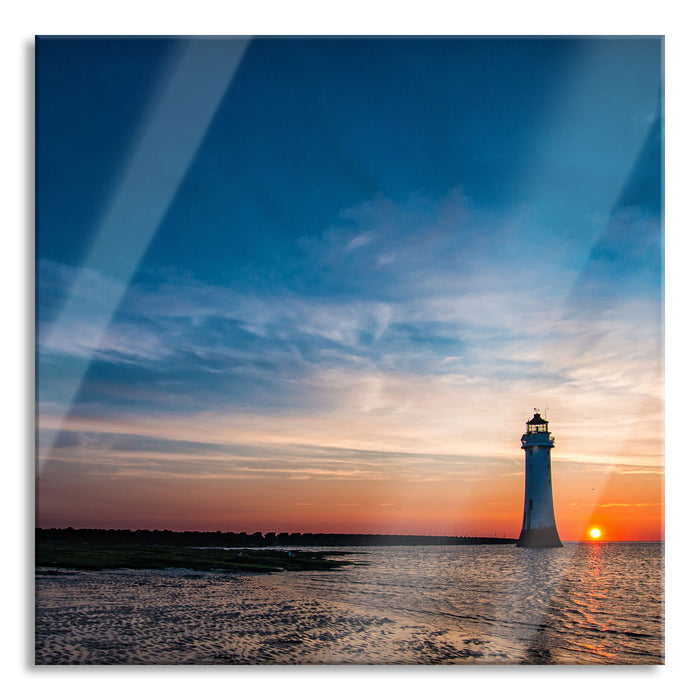 Pixxprint Leuchtturm im Sonnenuntergang, Glasbild Quadratisch