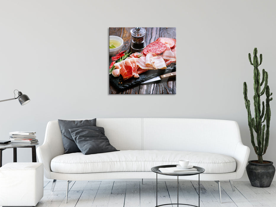 Antipasti Wurstsorten, Glasbild Quadratisch