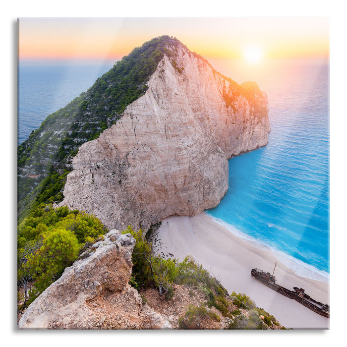 Nagio Strand im Sonnenuntergang, Glasbild Quadratisch