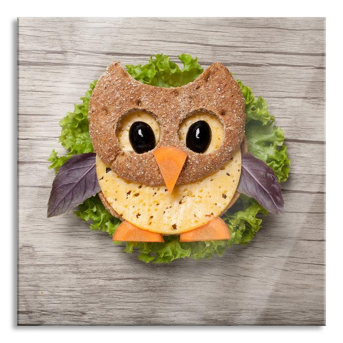 Pixxprint das lustige Eulen Sandwich, Glasbild Quadratisch