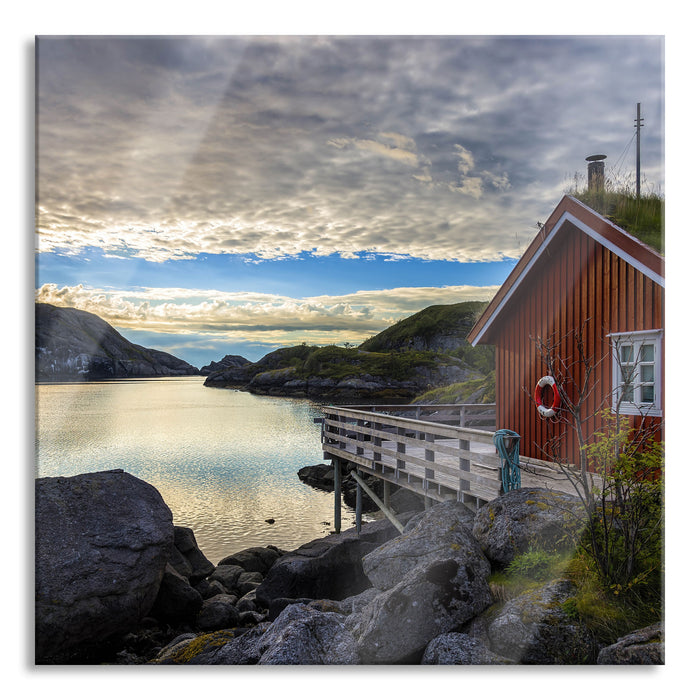 Pixxprint Sonnenaufgang am Fjord Norwegens, Glasbild Quadratisch