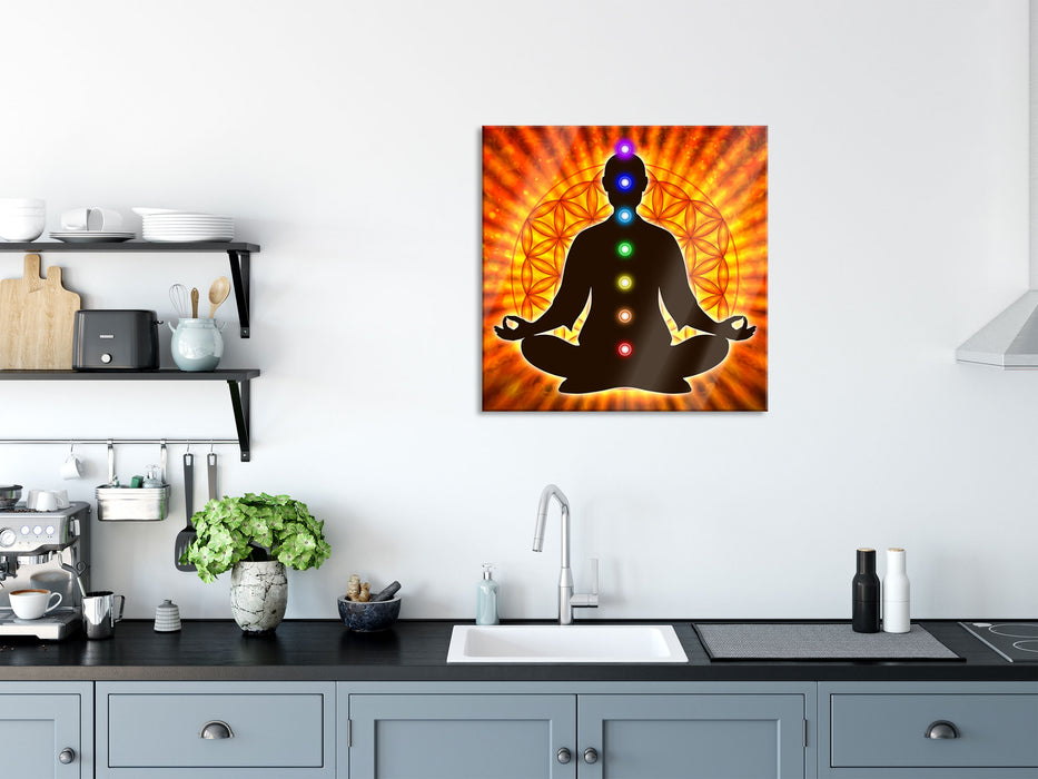 Meditation mit den 7 Chakren, Glasbild Quadratisch