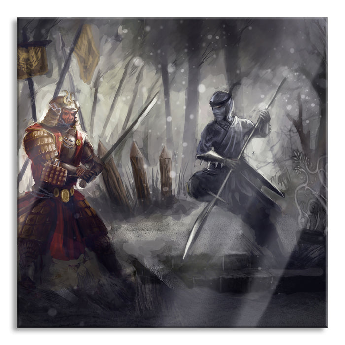 Pixxprint Kampf zwischen Samurai und Ninja, Glasbild Quadratisch