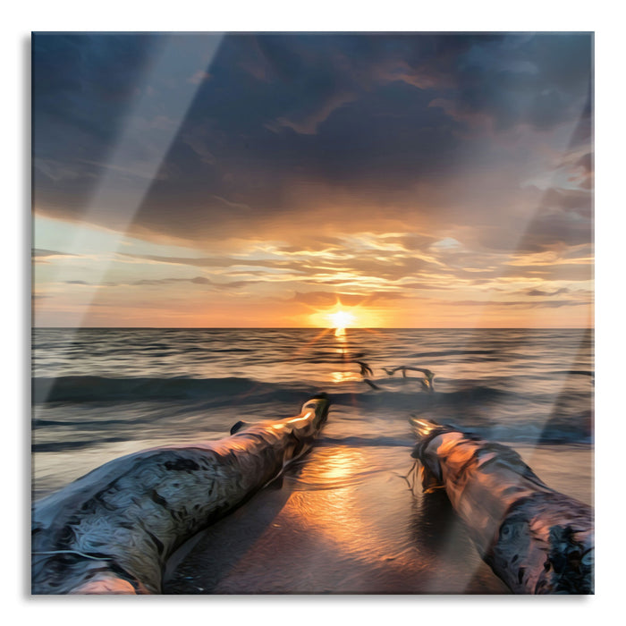 Pixxprint Strand Öl Effekt, Glasbild Quadratisch