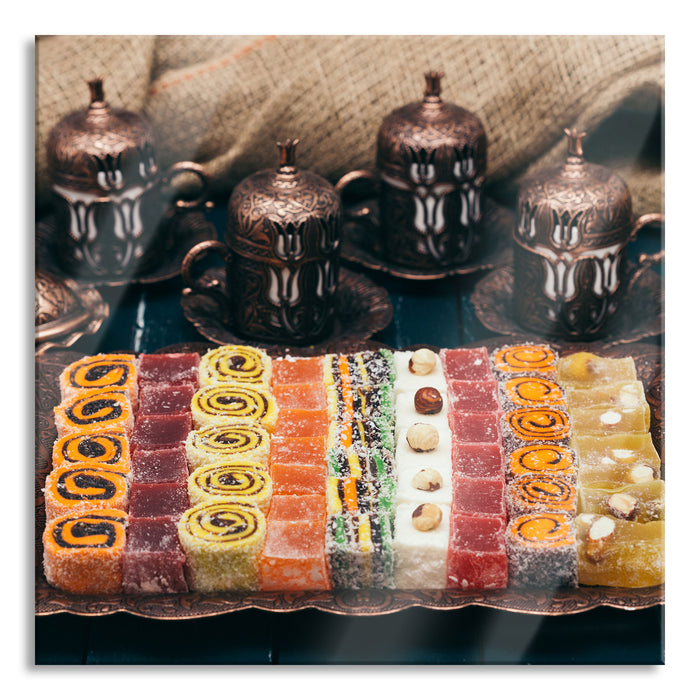 Pixxprint traditionelle türkische Desserts, Glasbild Quadratisch