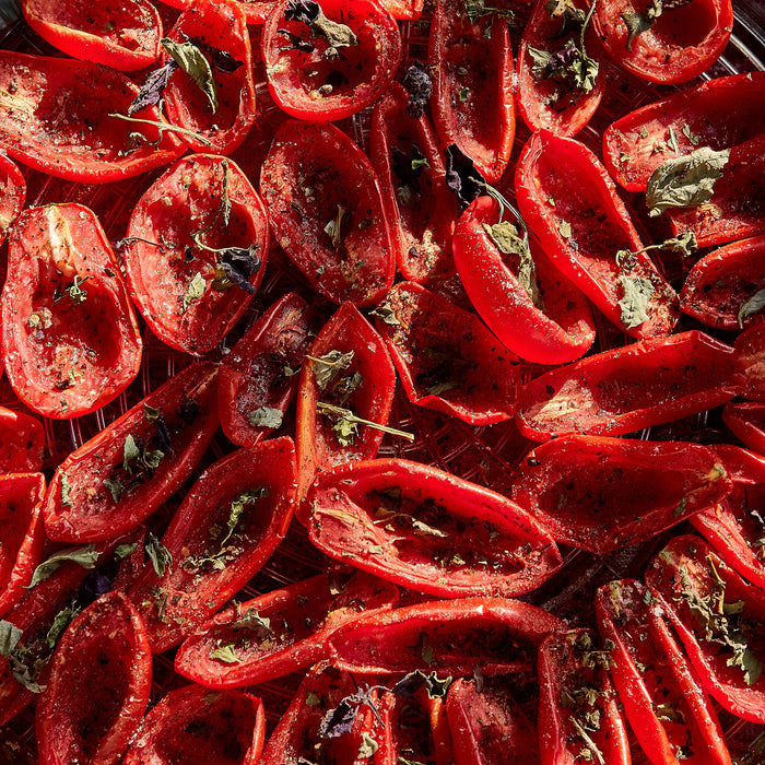 Tomaten Olivenöl Kräuter, Glasbild Quadratisch