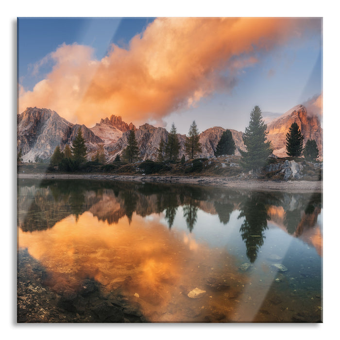 Pixxprint bunte Dolomiten am See Limides, Glasbild Quadratisch