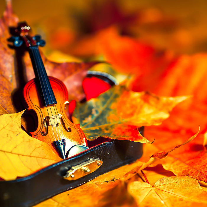 Violine umgeben von Blättern, Glasbild Quadratisch