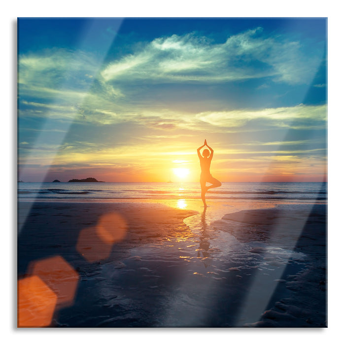 Yoga Silhouette am Strand, Glasbild Quadratisch