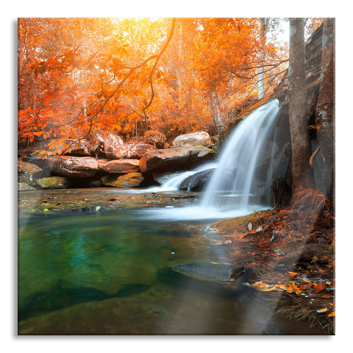 Wasserfall im Wald, Glasbild Quadratisch