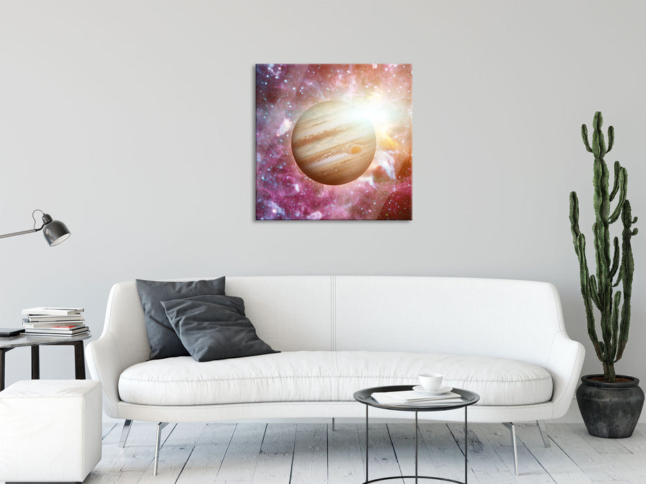 Planet Jupiter im Universum, Glasbild Quadratisch