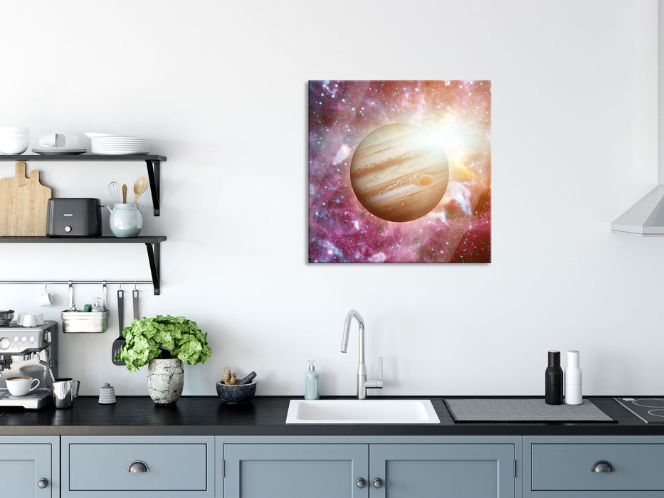 Planet Jupiter im Universum, Glasbild Quadratisch