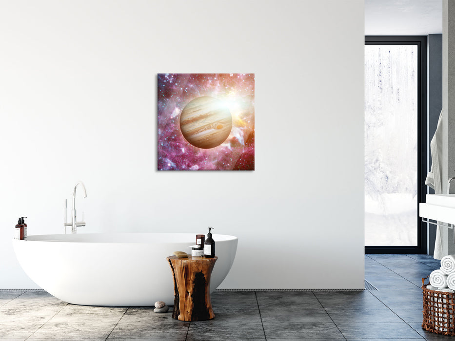 Planet Jupiter im Universum, Glasbild Quadratisch