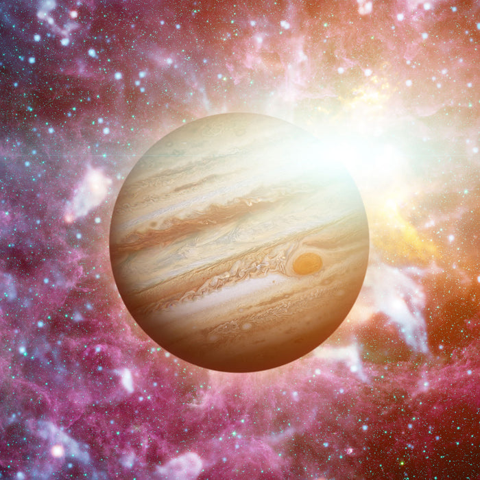 Planet Jupiter im Universum, Glasbild Quadratisch