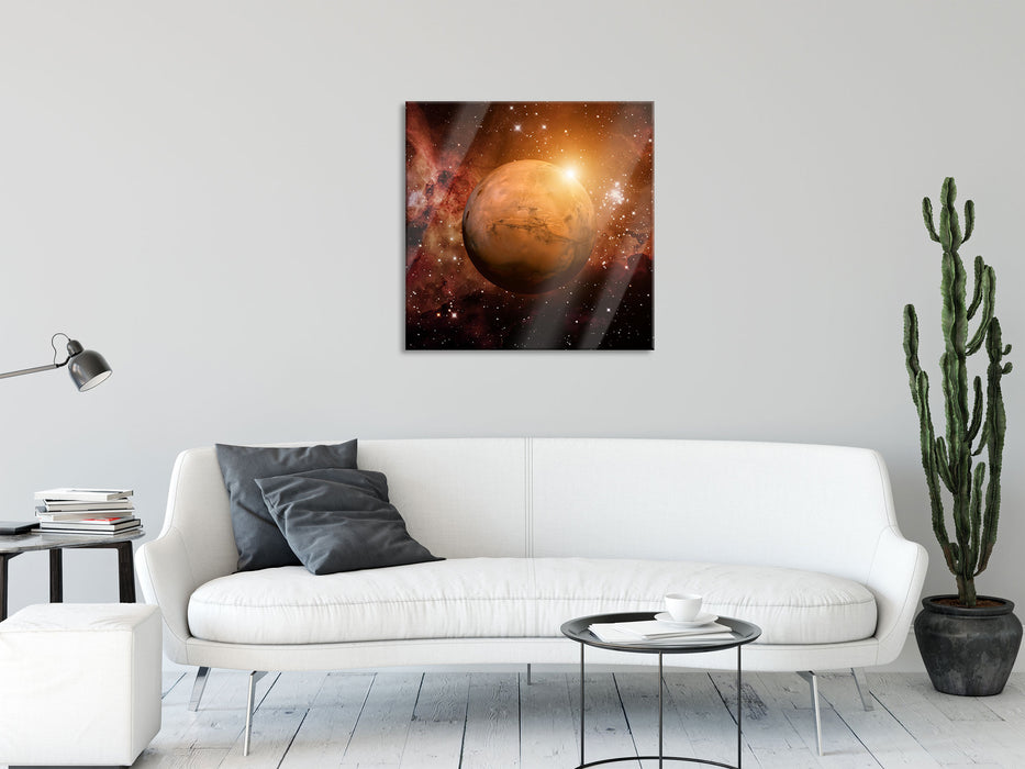 Planet Mars im Universum, Glasbild Quadratisch