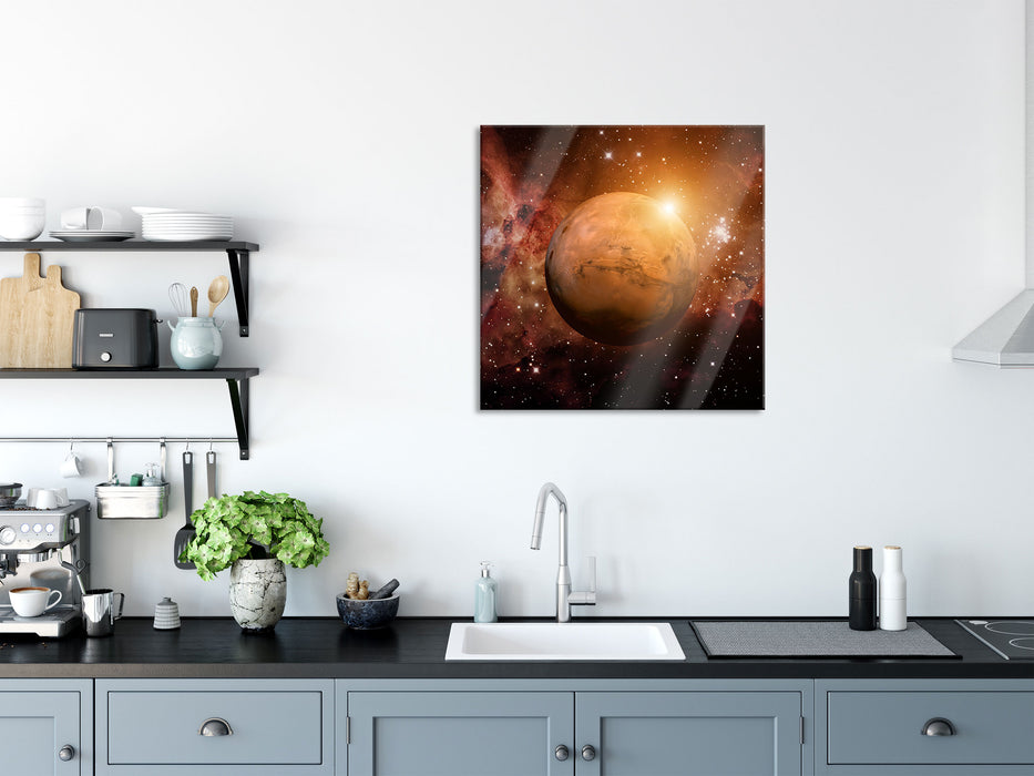 Planet Mars im Universum, Glasbild Quadratisch