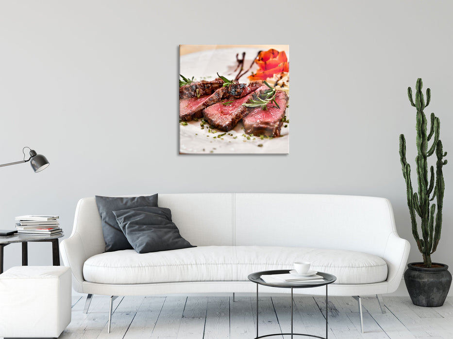 saftiges Carpaccio, Glasbild Quadratisch