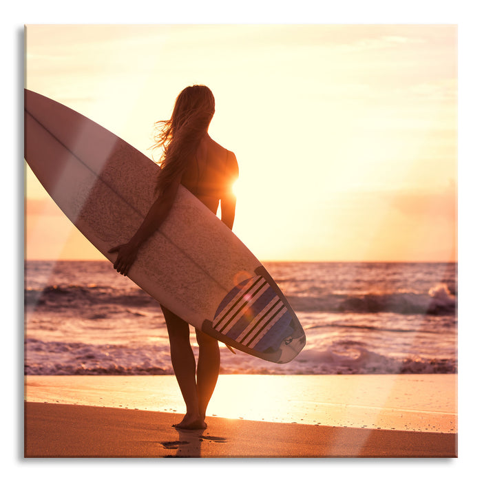Pixxprint Surferin vor Sonnenuntergang, Glasbild Quadratisch