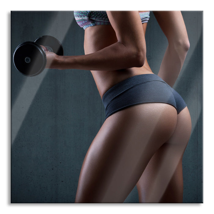 Pixxprint sportliche Frau mit Hanteln, Glasbild Quadratisch