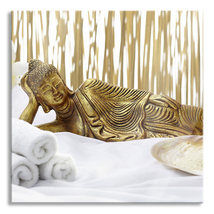 Pixxprint goldener Buddha auf Handtuch, Glasbild Quadratisch