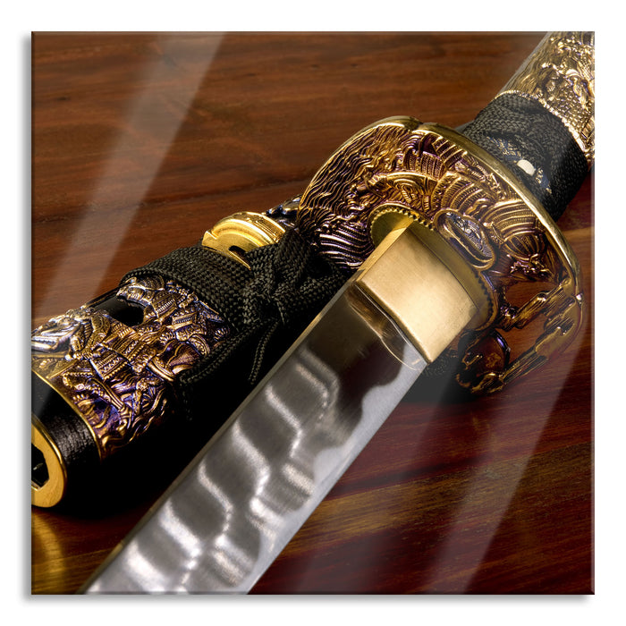 strahlendes Samurai-Schwert, Glasbild Quadratisch