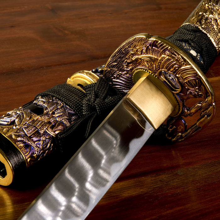 strahlendes Samurai-Schwert, Glasbild Quadratisch