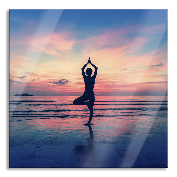 Yoga am Strand, Glasbild Quadratisch
