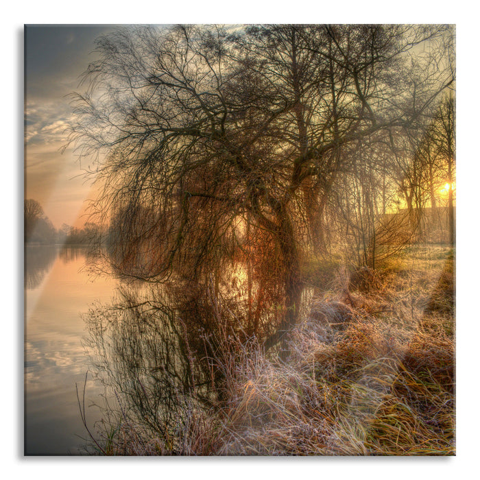 Landschaft im Morgengrauen, Glasbild Quadratisch