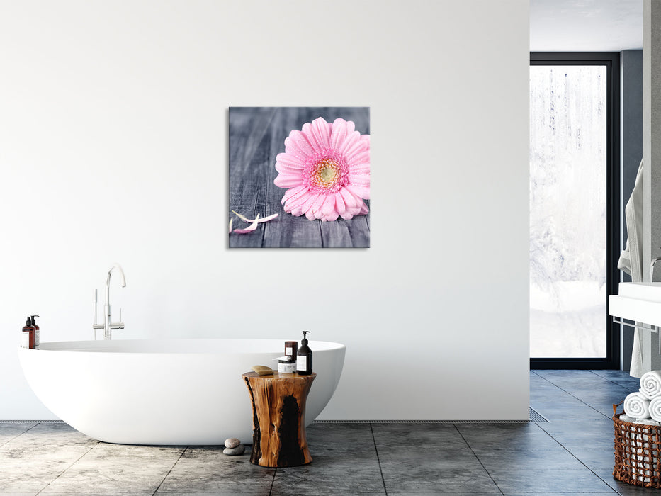 pinke Gerbera auf rustikalem Boden, Glasbild Quadratisch