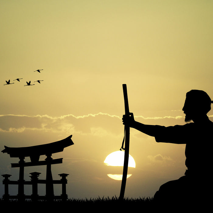 Samurai-Meister vor Horizont, Glasbild Quadratisch